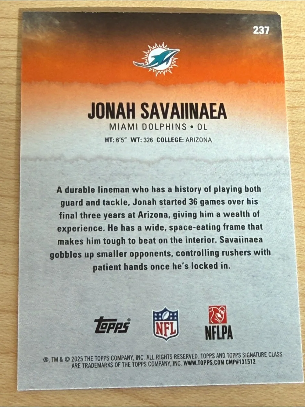 2025 Topps Signature Class Jonah Savaiinaea Dolphins RC #237 /100
